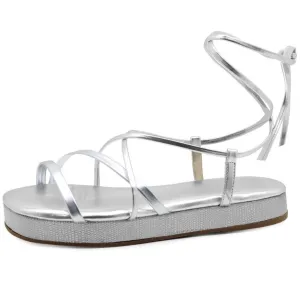 Silver Strappy Tie-Up Flatform Sandals