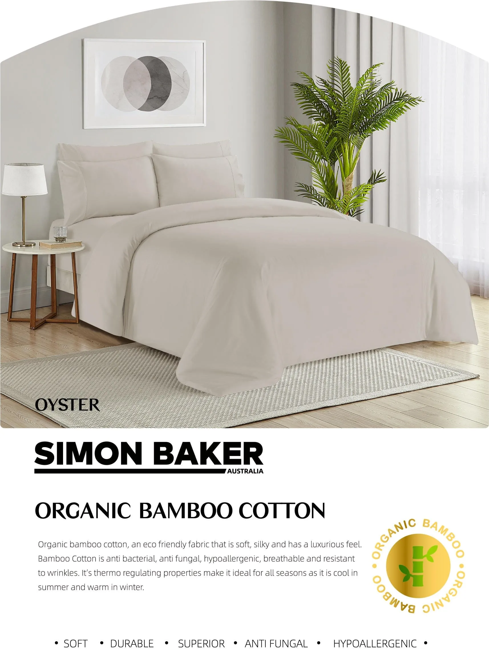 Simon Baker Organic Bamboo Cotton Oyster 4 Piece Sheet Set