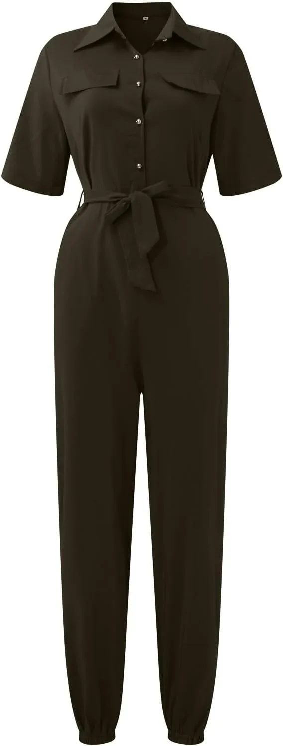 Solid Button Front Belted Shirt Jumpsuit