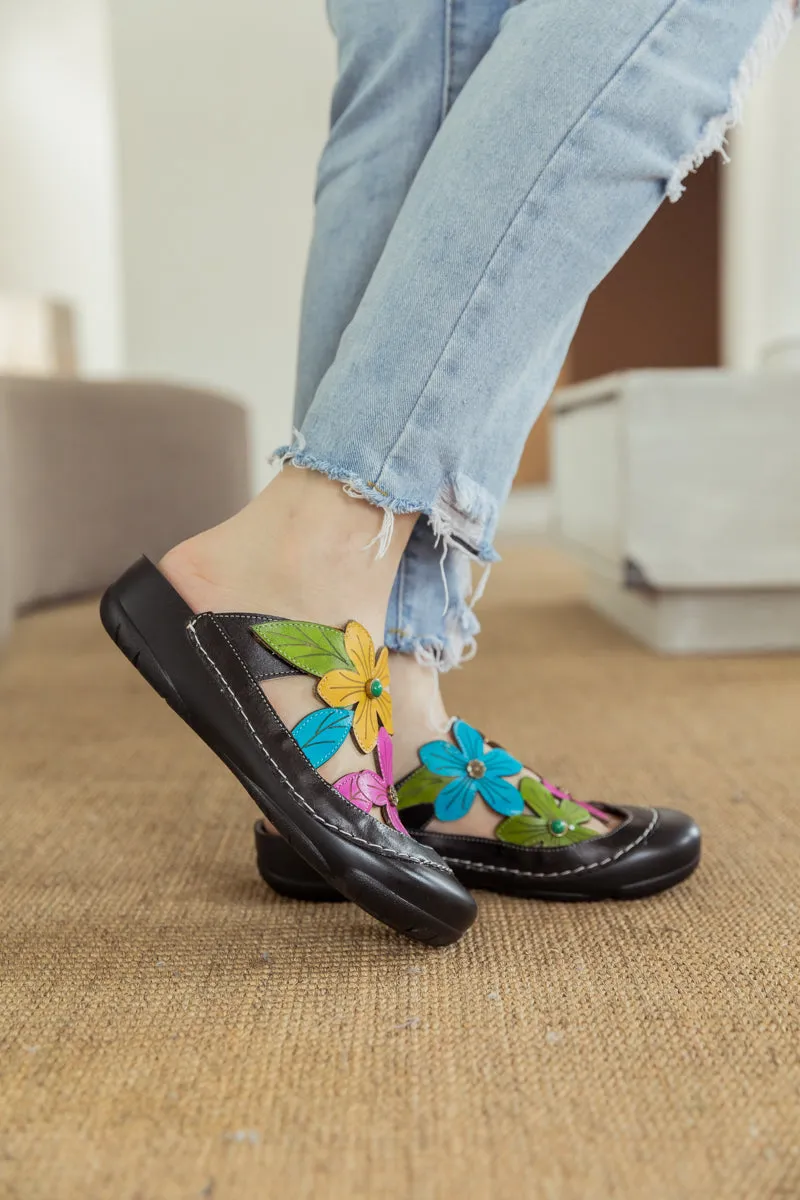 Summer Bloom Black Leather Sandal