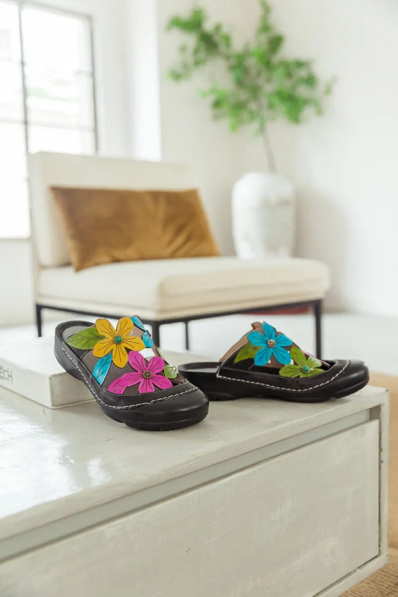 Summer Bloom Black Leather Sandal