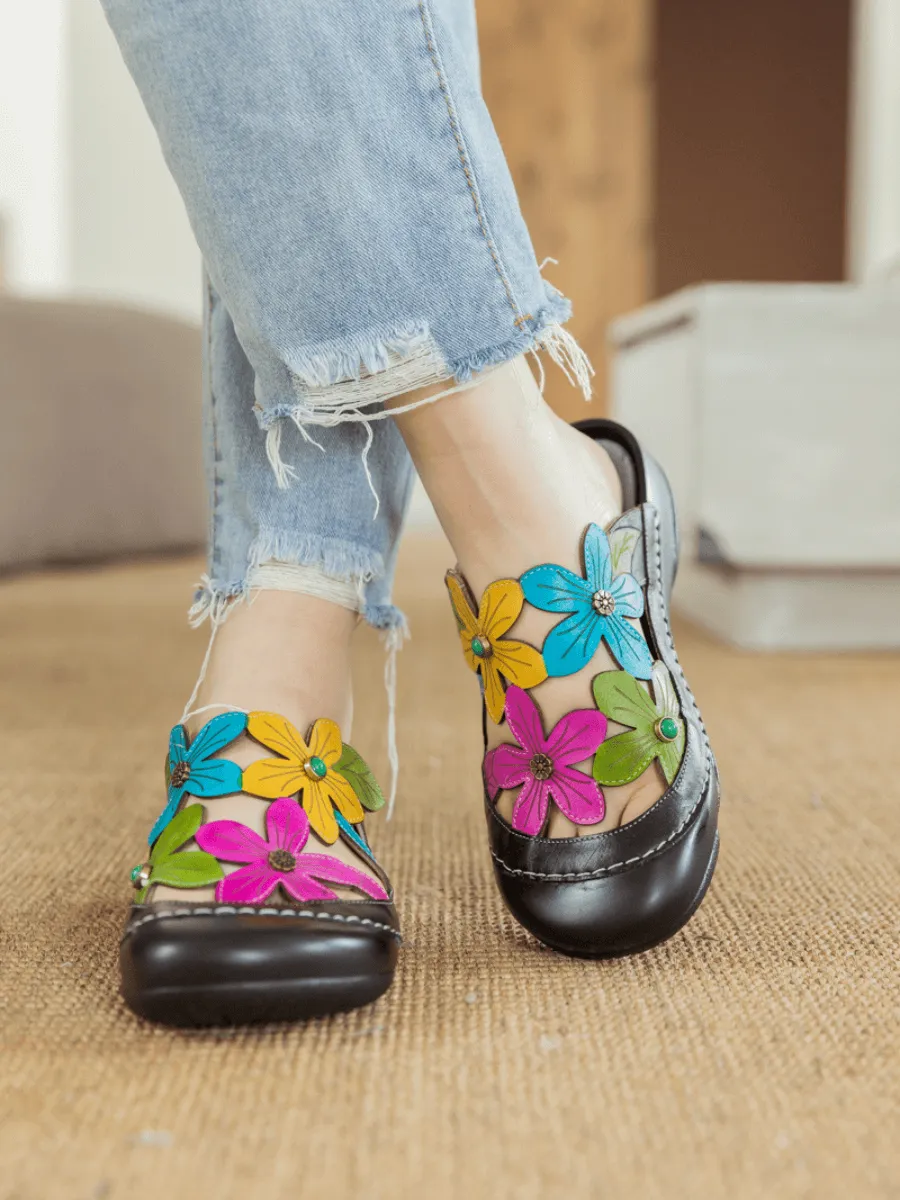 Summer Bloom Black Leather Sandal