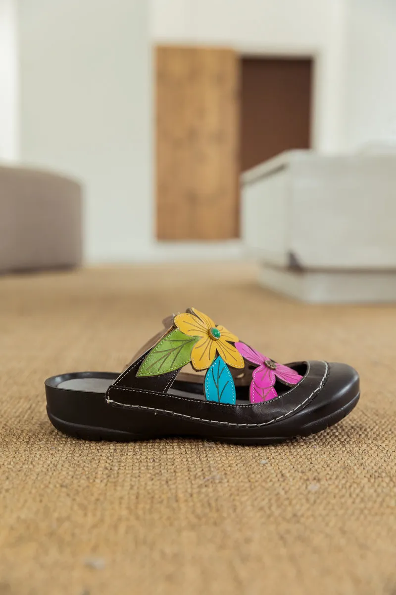 Summer Bloom Black Leather Sandal