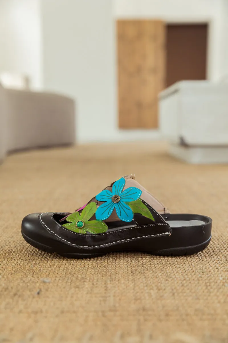 Summer Bloom Black Leather Sandal