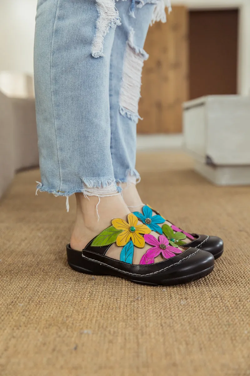 Summer Bloom Black Leather Sandal