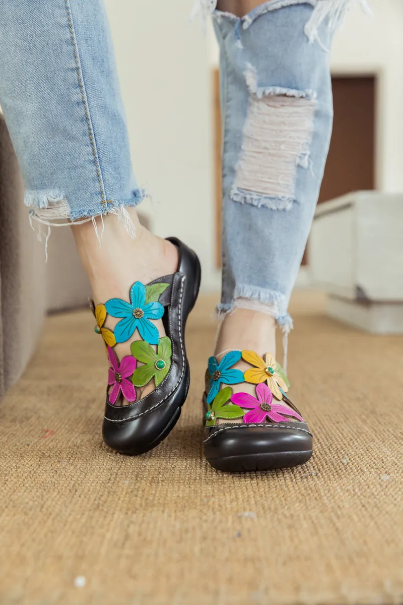 Summer Bloom Black Leather Sandal