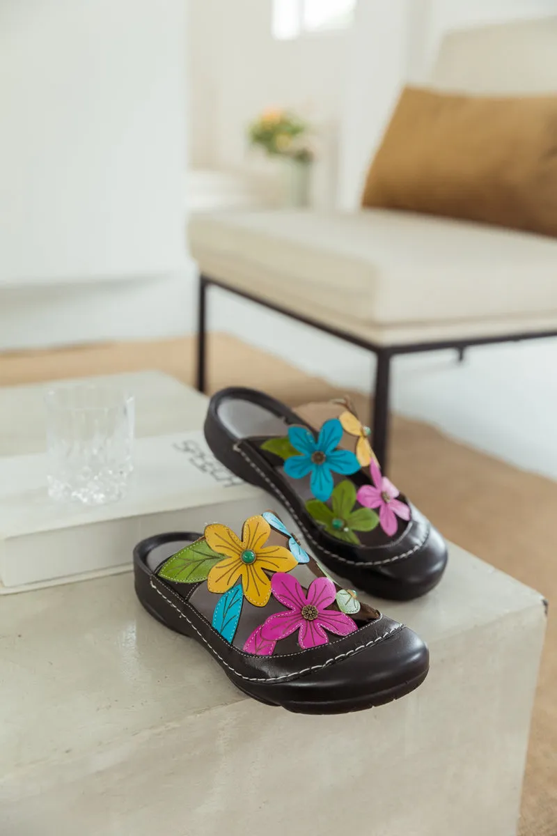 Summer Bloom Black Leather Sandal