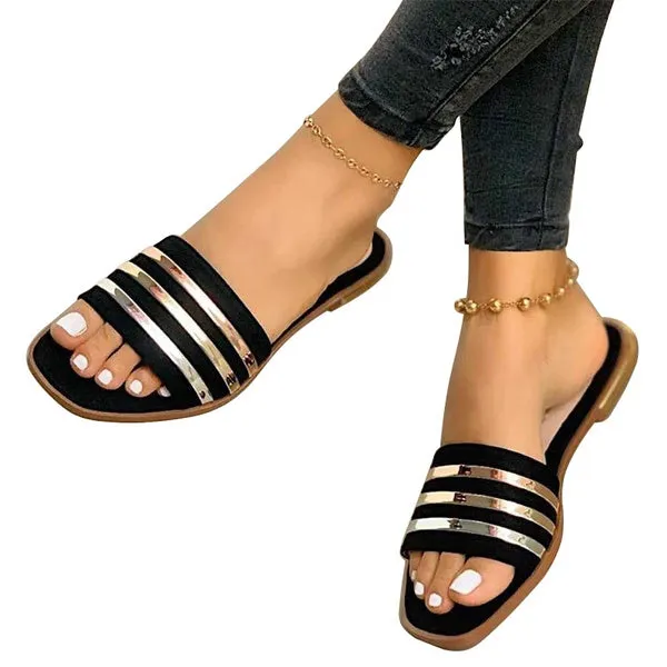Summer Open Toe Square Toe Flat Slippers Beach Shoes Casual Sandal Slippers