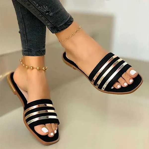 Summer Open Toe Square Toe Flat Slippers Beach Shoes Casual Sandal Slippers