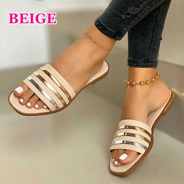 Summer Open Toe Square Toe Flat Slippers Beach Shoes Casual Sandal Slippers