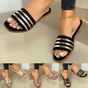 Summer Open Toe Square Toe Flat Slippers Beach Shoes Casual Sandal Slippers