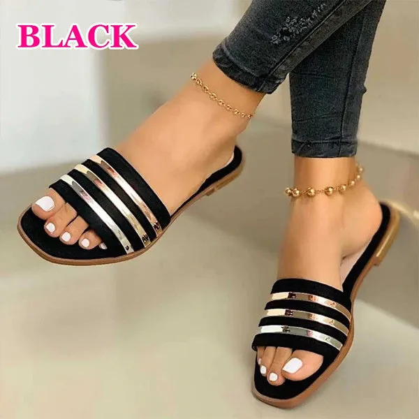 Summer Open Toe Square Toe Flat Slippers Beach Shoes Casual Sandal Slippers