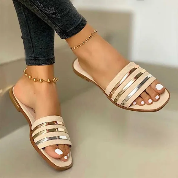Summer Open Toe Square Toe Flat Slippers Beach Shoes Casual Sandal Slippers