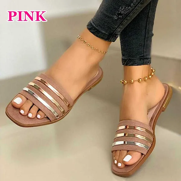 Summer Open Toe Square Toe Flat Slippers Beach Shoes Casual Sandal Slippers