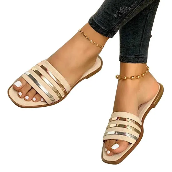 Summer Open Toe Square Toe Flat Slippers Beach Shoes Casual Sandal Slippers