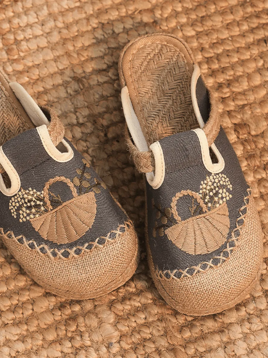Summer Picnic Embroidered Linen Mule - Grey