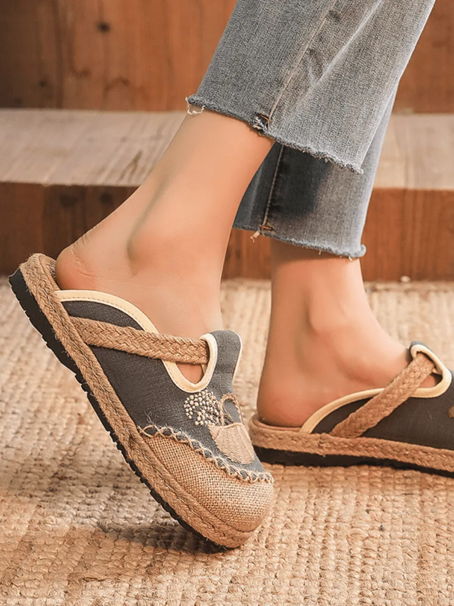 Summer Picnic Embroidered Linen Mule - Grey