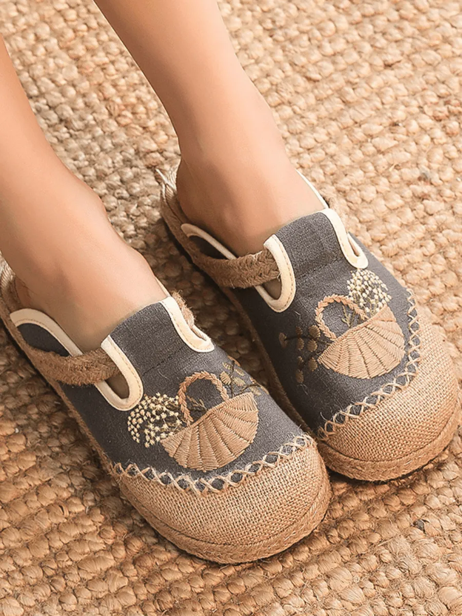 Summer Picnic Embroidered Linen Mule - Grey