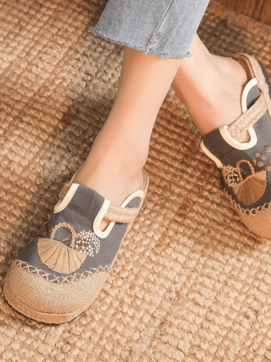 Summer Picnic Embroidered Linen Mule - Grey