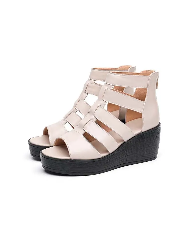 Summer Retro Leather Wedge Strappy Sandals