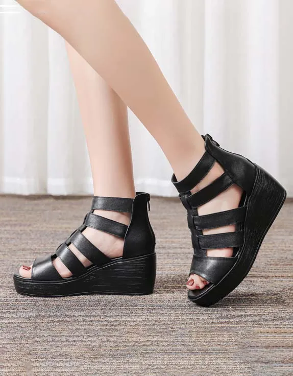 Summer Retro Leather Wedge Strappy Sandals