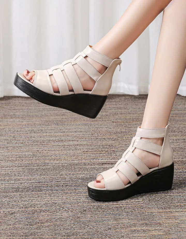 Summer Retro Leather Wedge Strappy Sandals