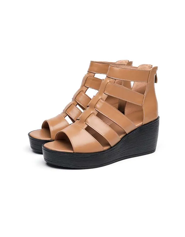Summer Retro Leather Wedge Strappy Sandals
