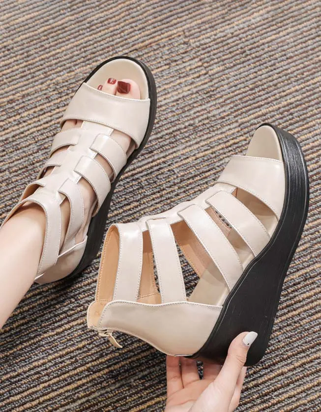 Summer Retro Leather Wedge Strappy Sandals