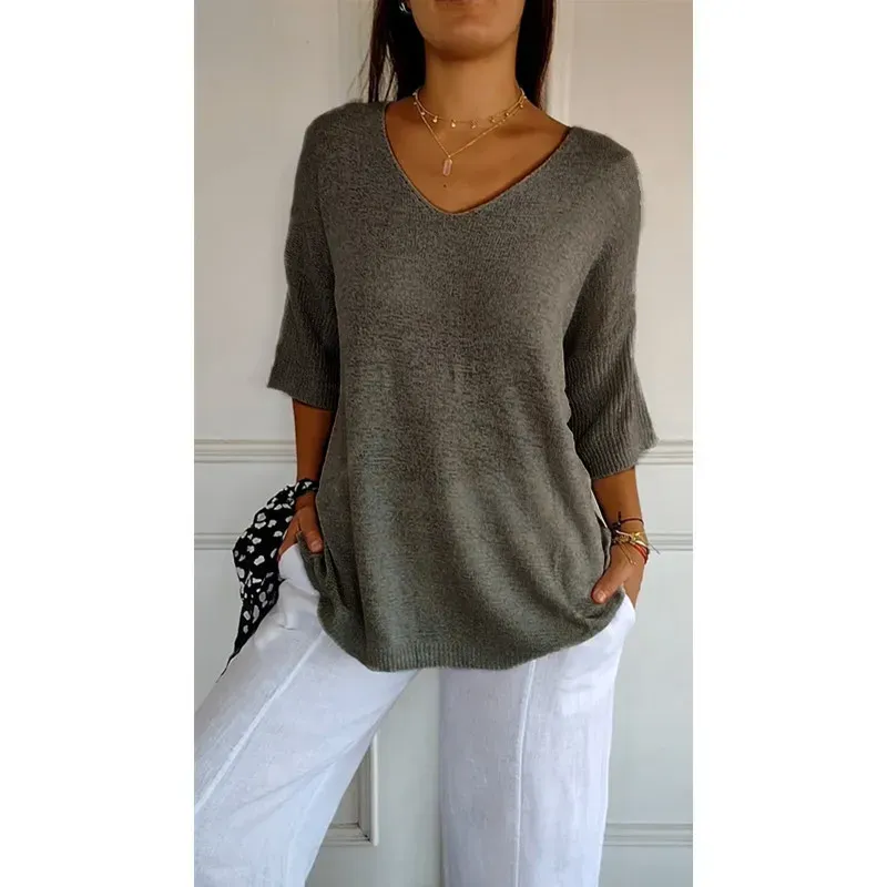 Tango V-Neck Relaxed Knit 3/4 Sleeve Sweater Top