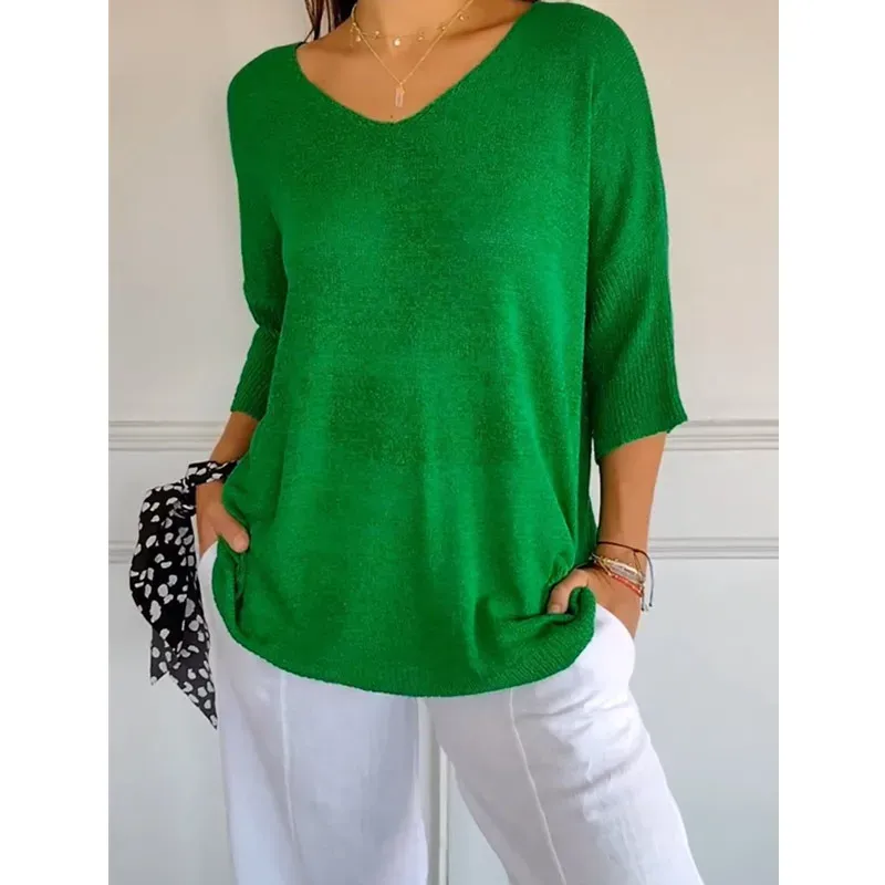 Tango V-Neck Relaxed Knit 3/4 Sleeve Sweater Top