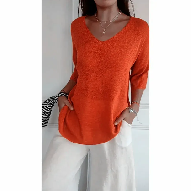 Tango V-Neck Relaxed Knit 3/4 Sleeve Sweater Top
