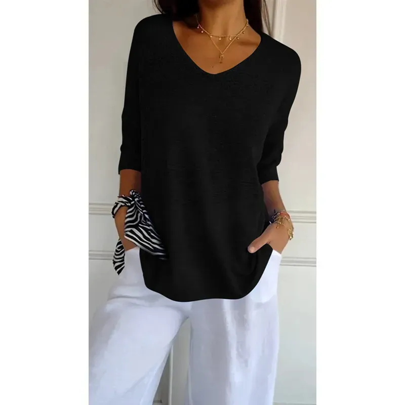 Tango V-Neck Relaxed Knit 3/4 Sleeve Sweater Top