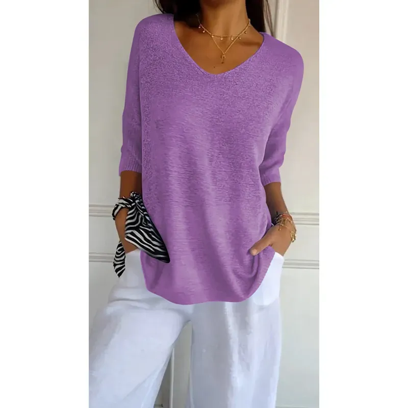 Tango V-Neck Relaxed Knit 3/4 Sleeve Sweater Top
