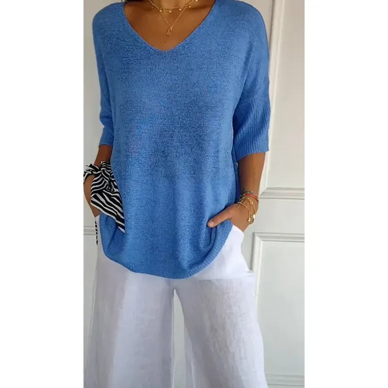 Tango V-Neck Relaxed Knit 3/4 Sleeve Sweater Top