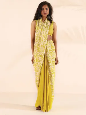 trueBrowns Lime Muslin Ikat Ready to Wear Saree