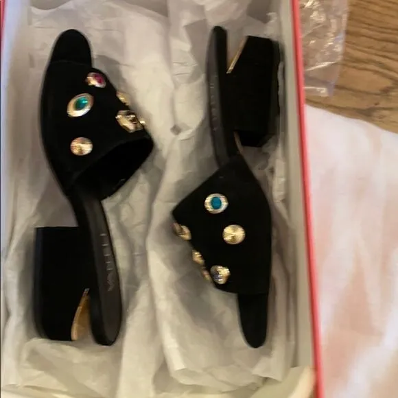 VANELI BLACK SUEDE STUDDED MULES.    NEW