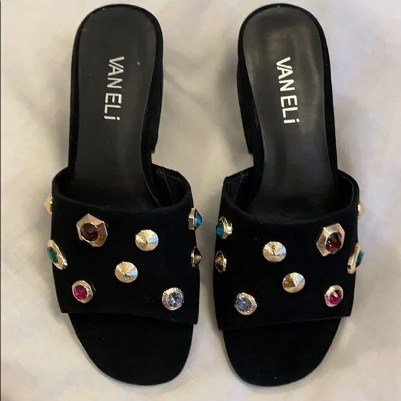 VANELI BLACK SUEDE STUDDED MULES.    NEW