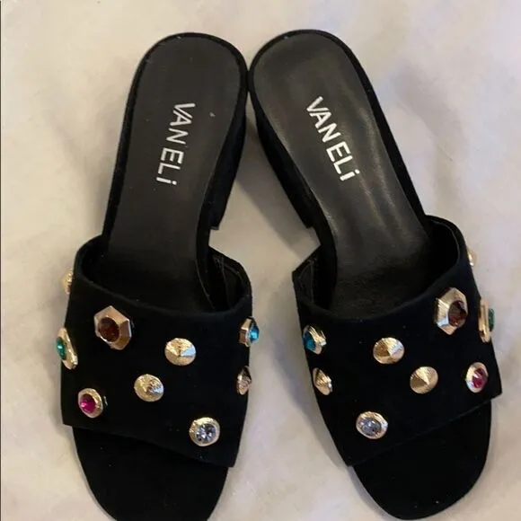 VANELI BLACK SUEDE STUDDED MULES.    NEW