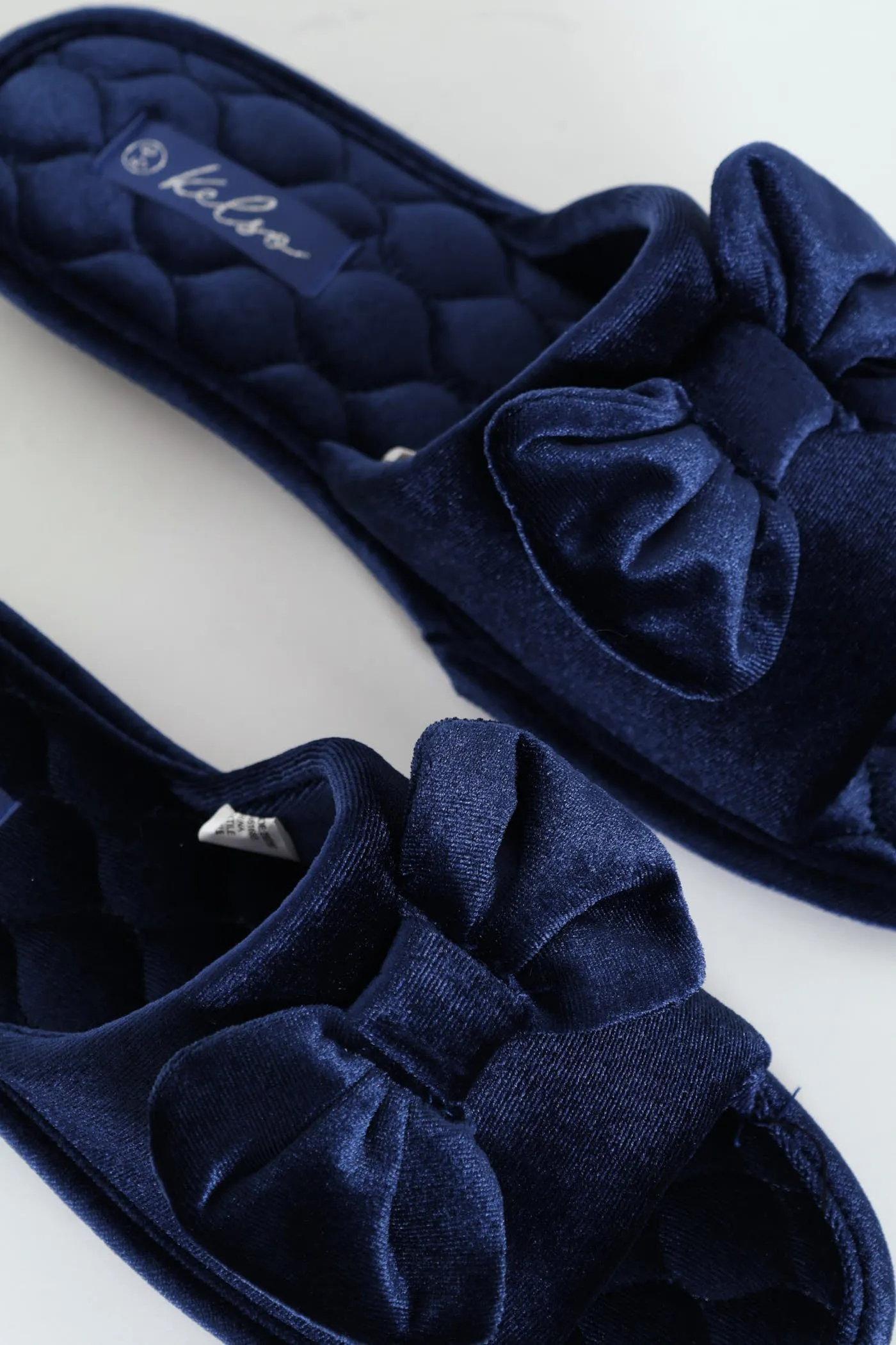 Velour Open Toe Slipper With Bow Detail - Navy