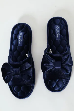 Velour Open Toe Slipper With Bow Detail - Navy