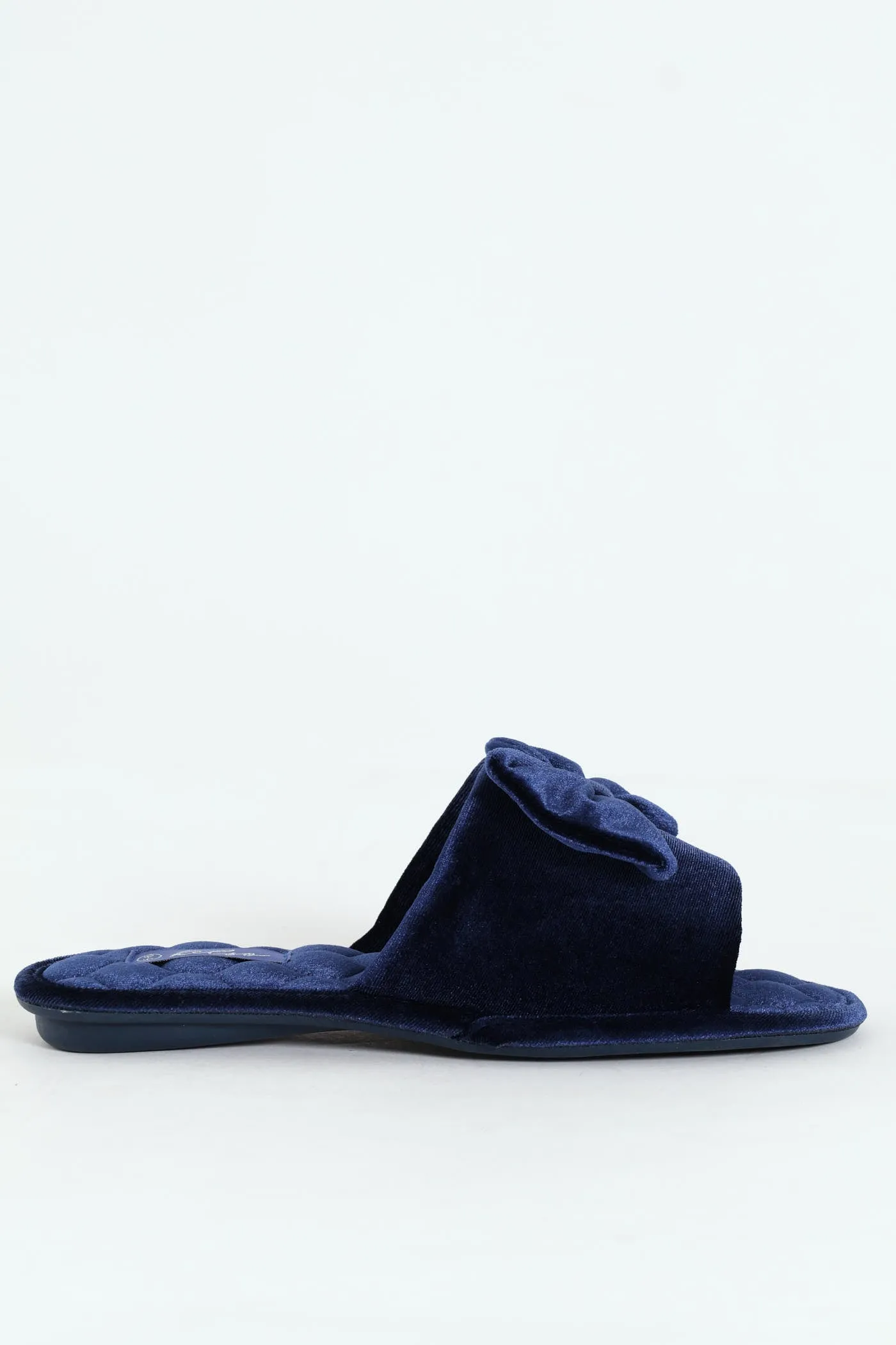 Velour Open Toe Slipper With Bow Detail - Navy