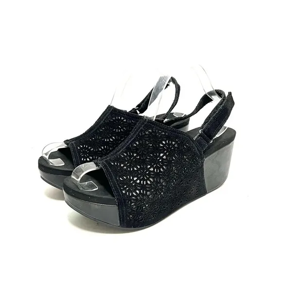 Vintage Y2K black cutout suede silver lined slingback platform wedge sandals