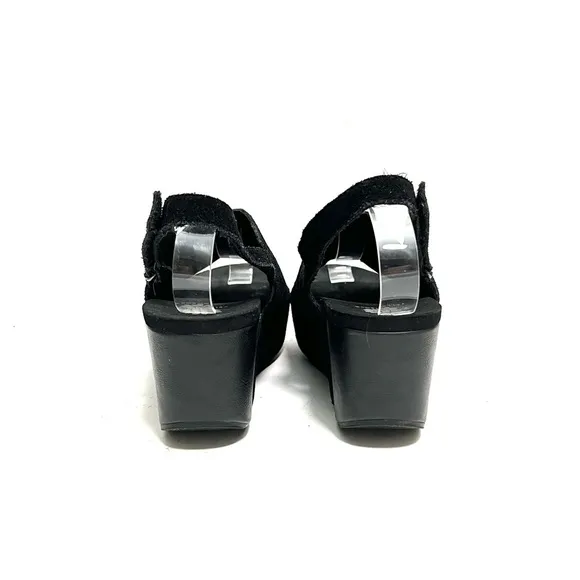 Vintage Y2K black cutout suede silver lined slingback platform wedge sandals