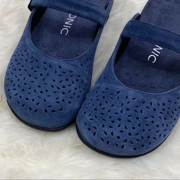 VIONIC Lidia Slip On Mules US 6 / EU 37 Blue Laser-Cut Suede