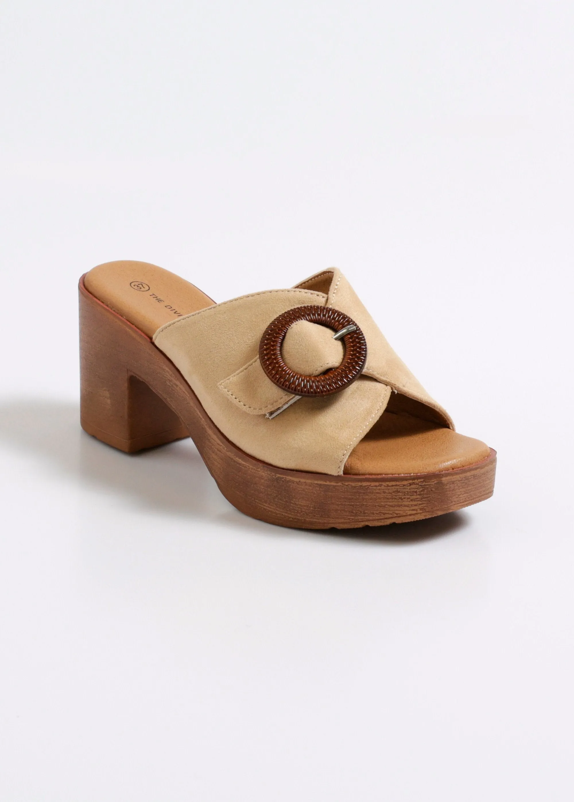 Wedge mules with heel and buckle