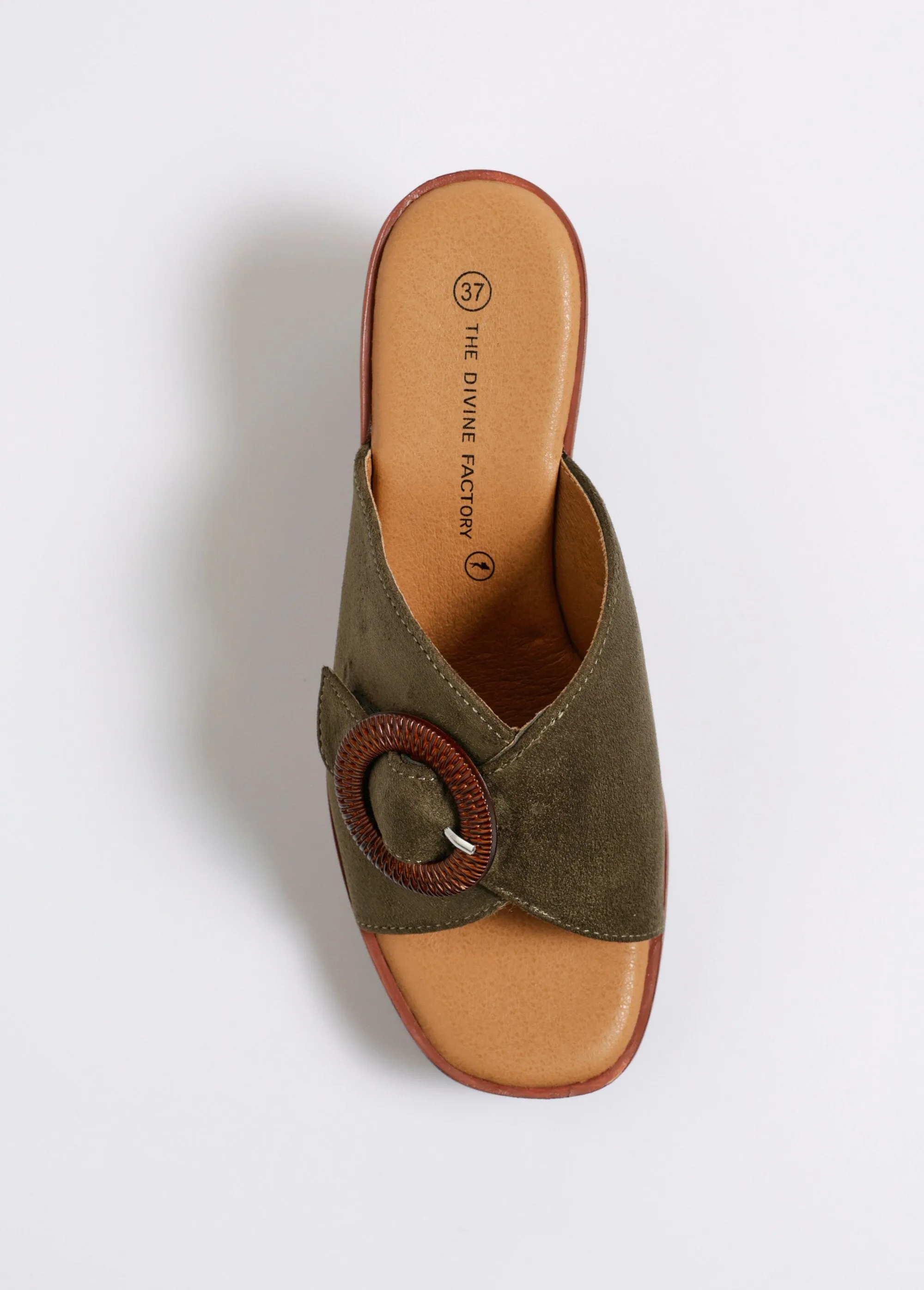 Wedge mules with heel and buckle