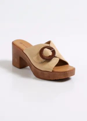 Wedge mules with heel and buckle