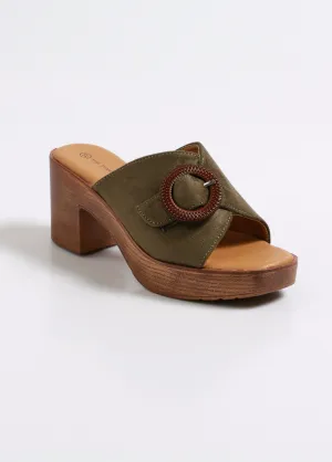 Wedge mules with heel and buckle