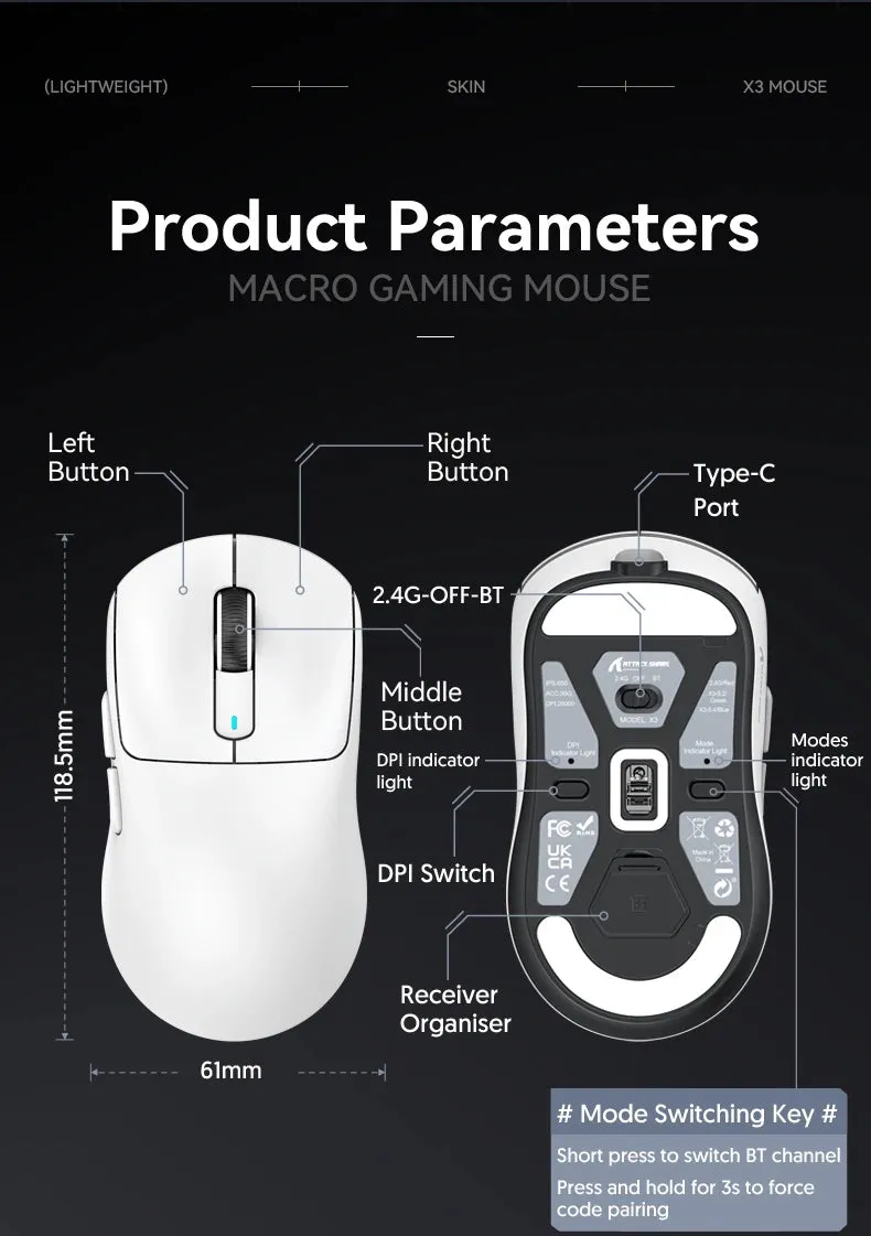 Wireless Gaming Mouse Tri-Mode Bluetooth Lightweight