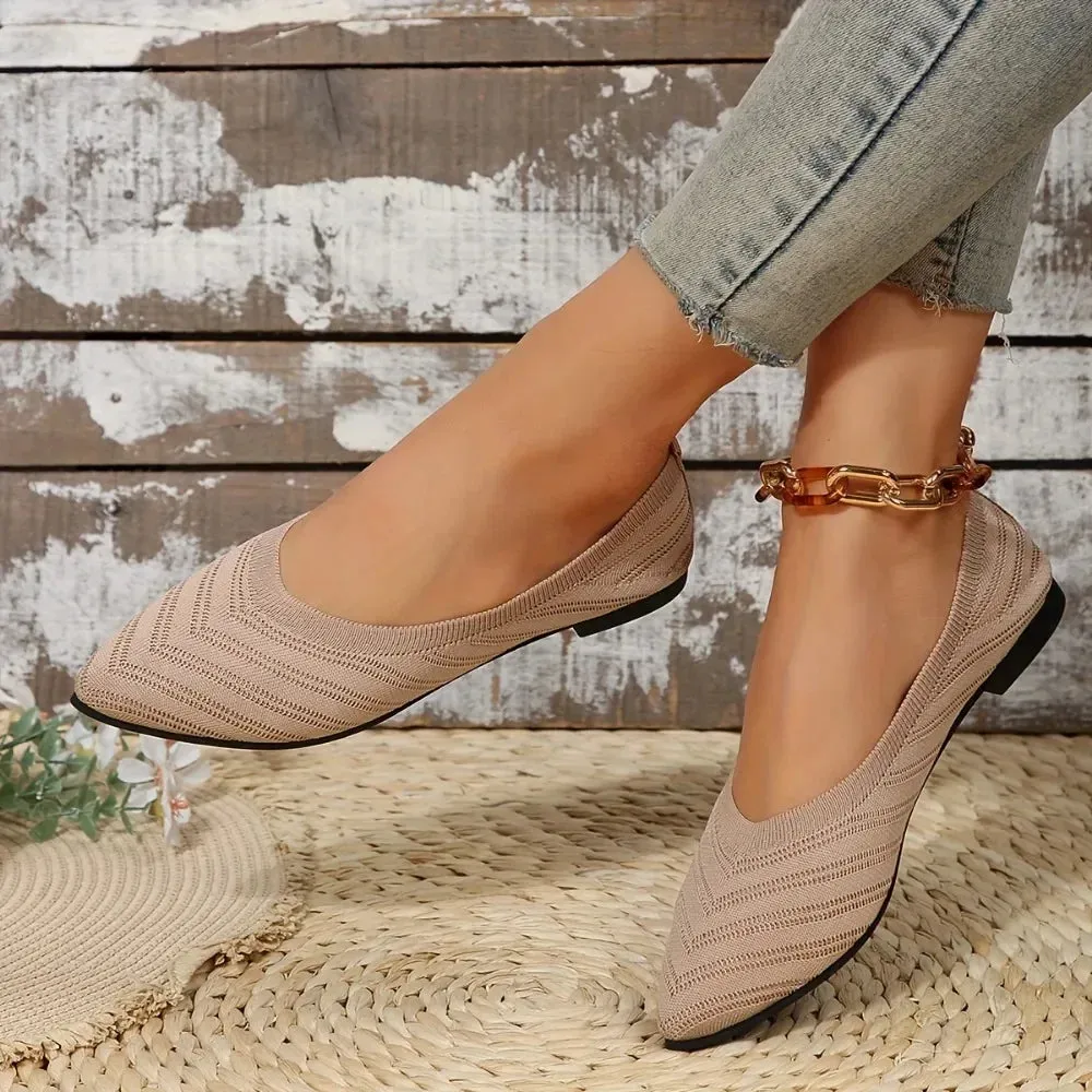 Women Pointed Toe Flat Shoes Solid Color Knitted Slip on Shoes Women Casual Breathable Ballet Flats Woman Loafers Mary Jane Shoe